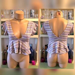 Forever 21 Crop Top Y2K Baby Tee Tiered M Multicolored Striped Lowcut EUC